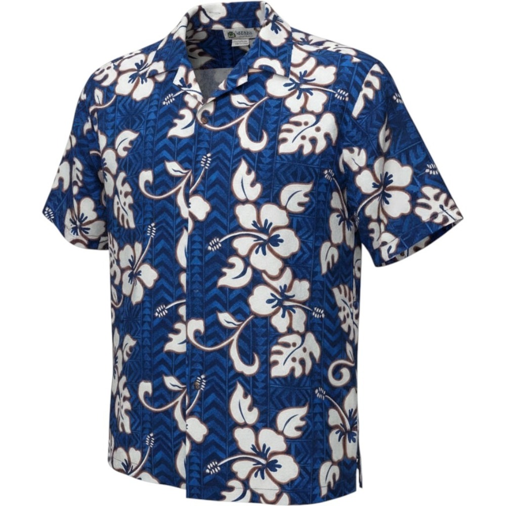 Aloha Republic Mens Blue Hibiscus Floral Hawaiian Shirt‎ Made in Hawaii Large